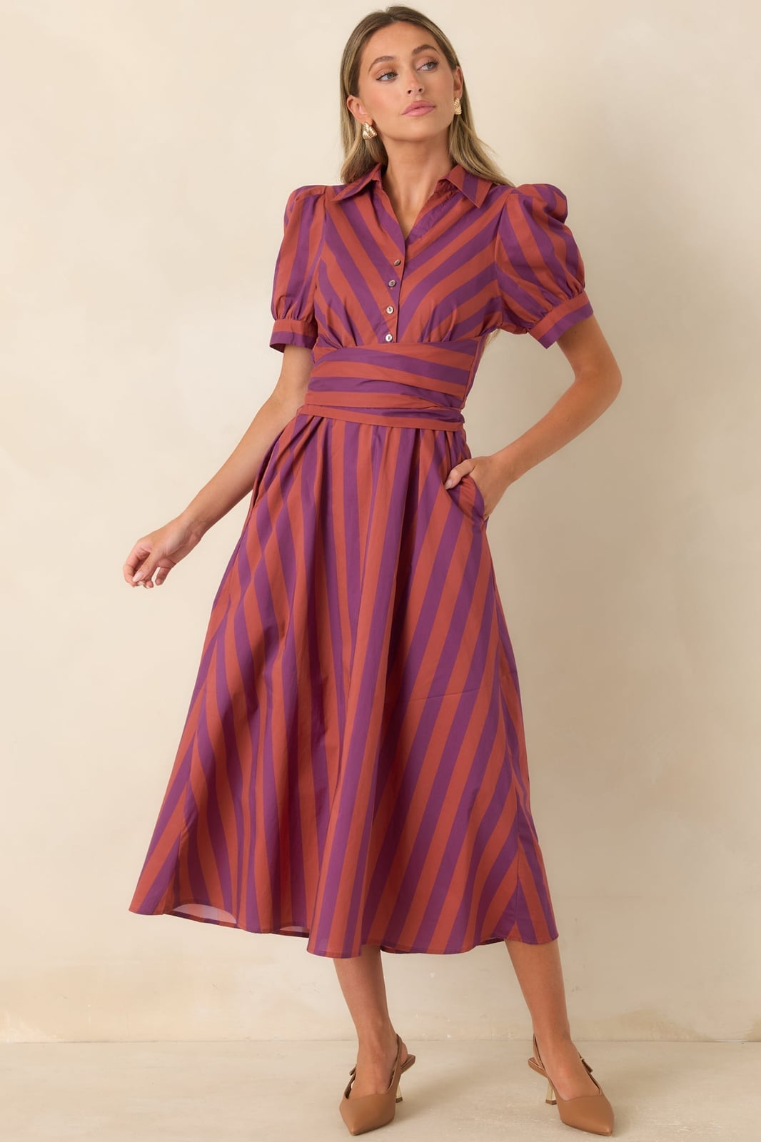 Striped Midi Dress with Puff Sleeves Striped Midi Dress with Puff Sleeves — Simple Dresses for Moms