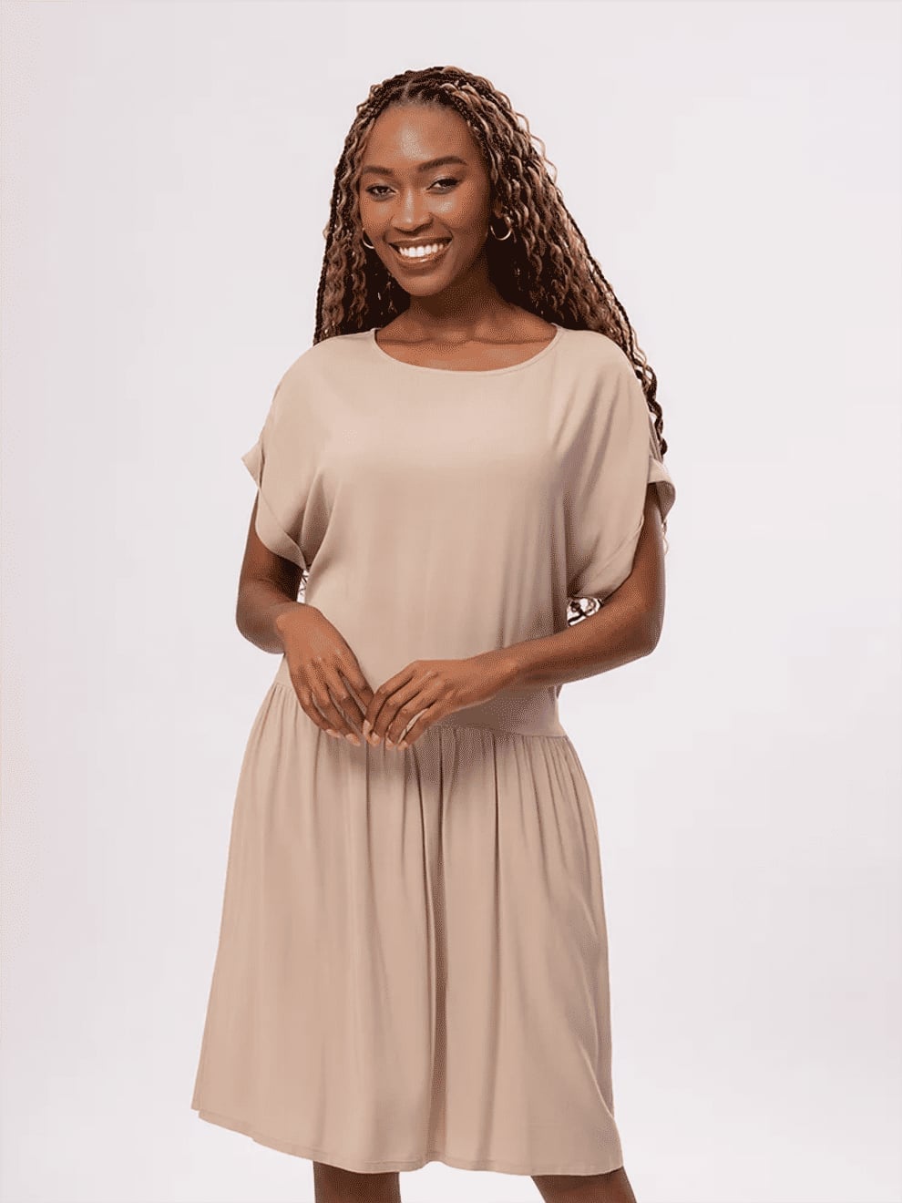 Beige Gathered Waist Midi Dress Beige Gathered Waist Midi Dress — Simple Dresses for Moms