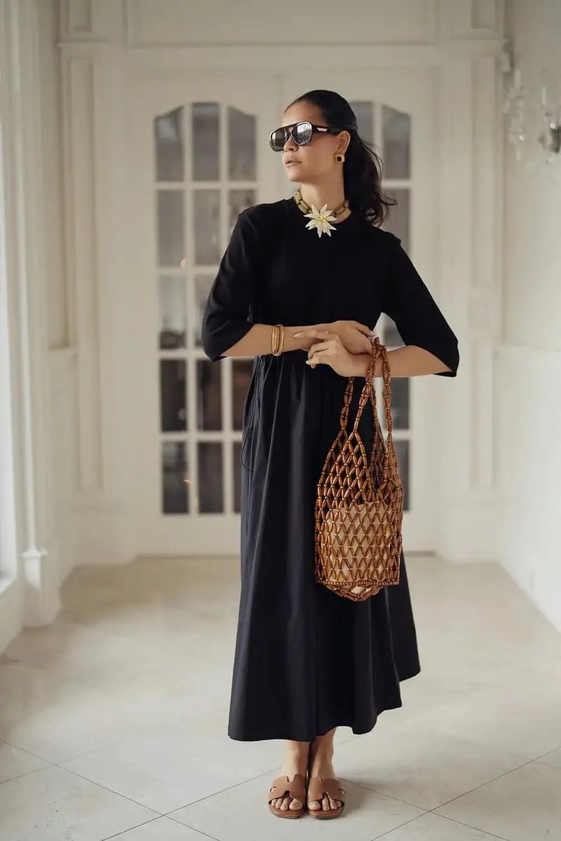 Black A-Line Midi Dress with Statement Necklace Black A-Line Midi Dress with Statement Necklace — Simple Dresses for Moms