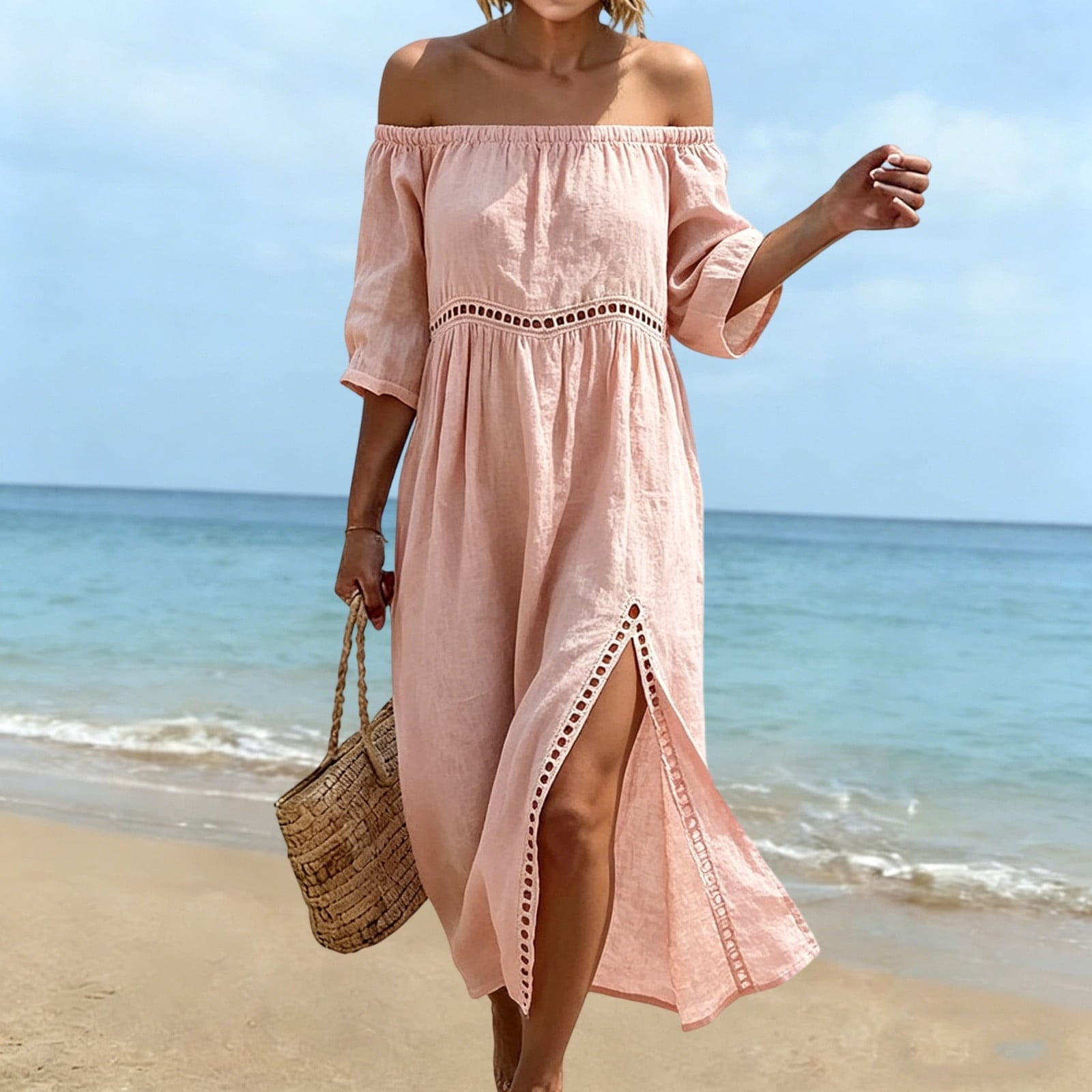 Pale Pink Linen Off-The-Shoulder Dress Pale Pink Linen Off-The-Shoulder Dress — Simple Dresses for Moms