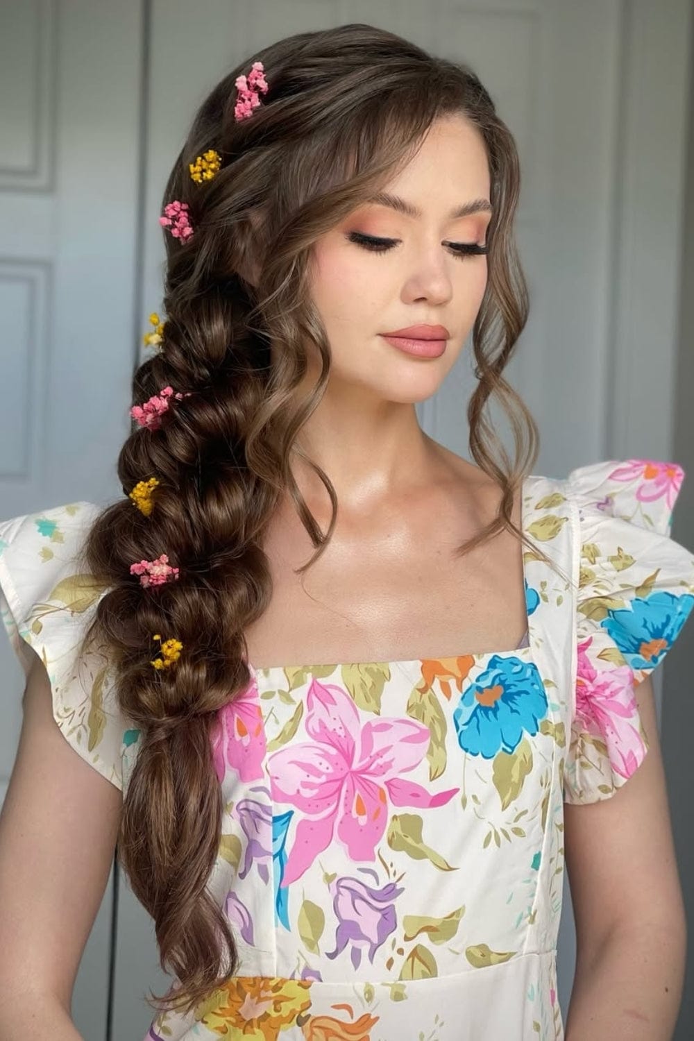 Brown Side Braid With Floral Accents Brown Side Braid With Floral Accents — Simple Dresses Hairstyles