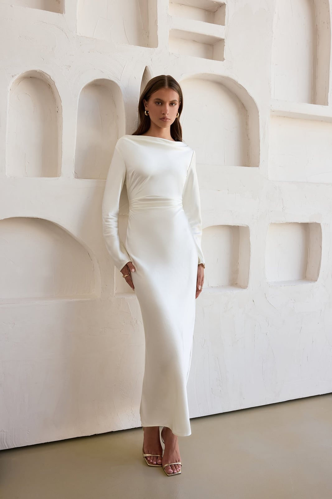 White Satin Long Sleeve Draped Neckline Dress White Satin Long Sleeve Draped Neckline Dress — Simple Dresses to Wear