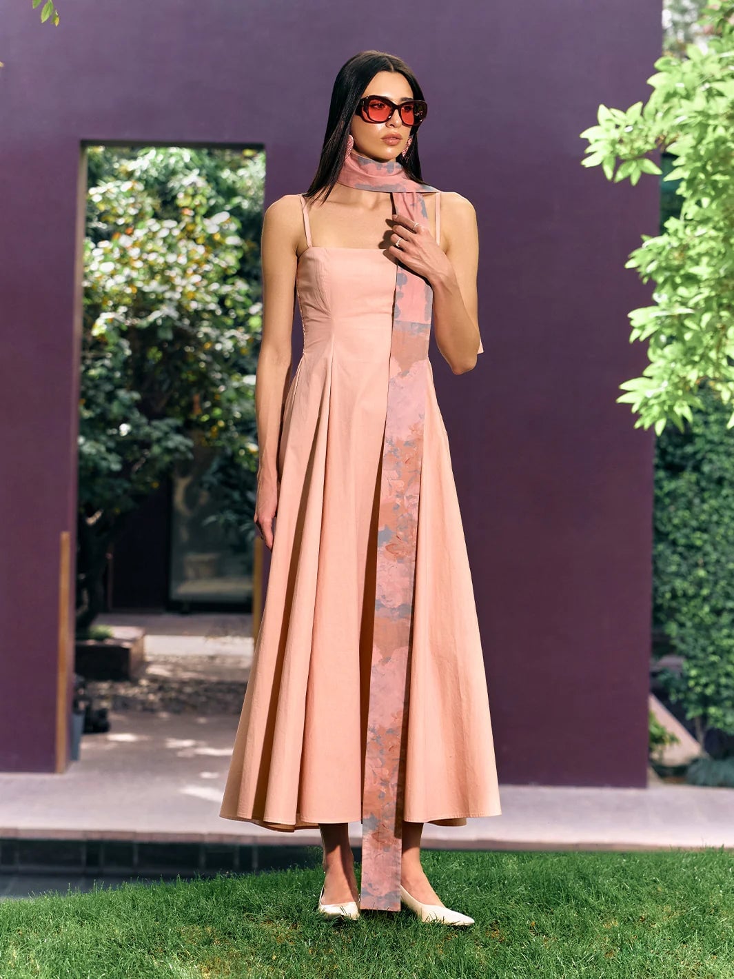 Pale Pink A-Line Midi Dress With Scarf Pale Pink A-Line Midi Dress With Scarf — Simple Dresses to Wear
