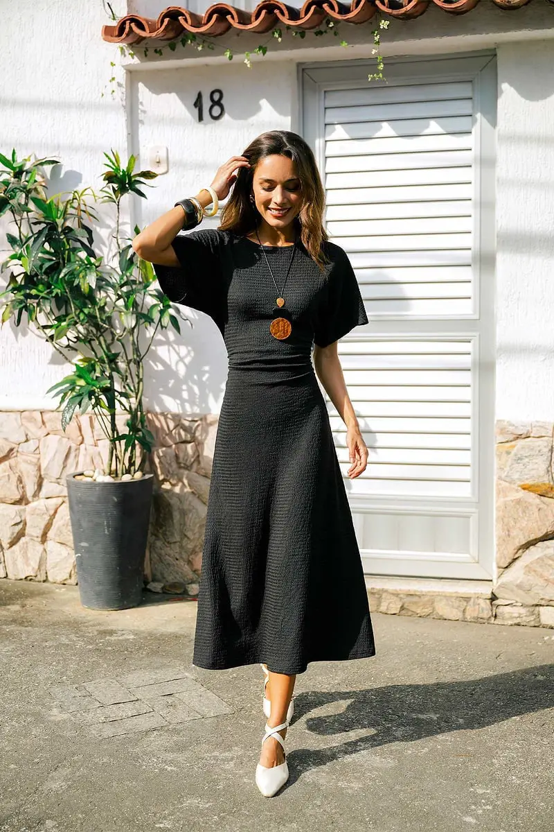 Black Textured Fit and Flare Midi Dress Black Textured Fit and Flare Midi Dress — Simple Dresses to Wear