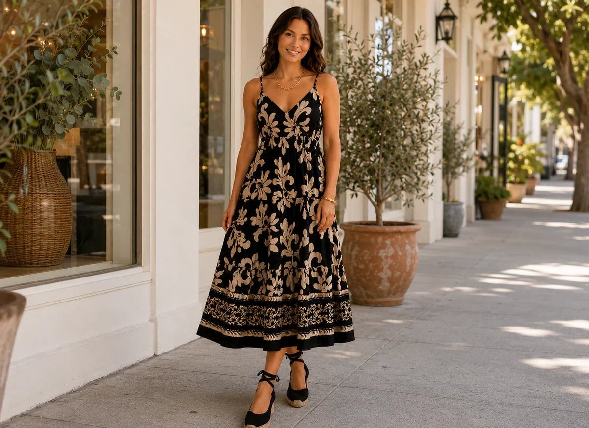 Black Beige Floral Tiered Midi Dress Black Beige Floral Tiered Midi Dress — Simple Dresses to Wear