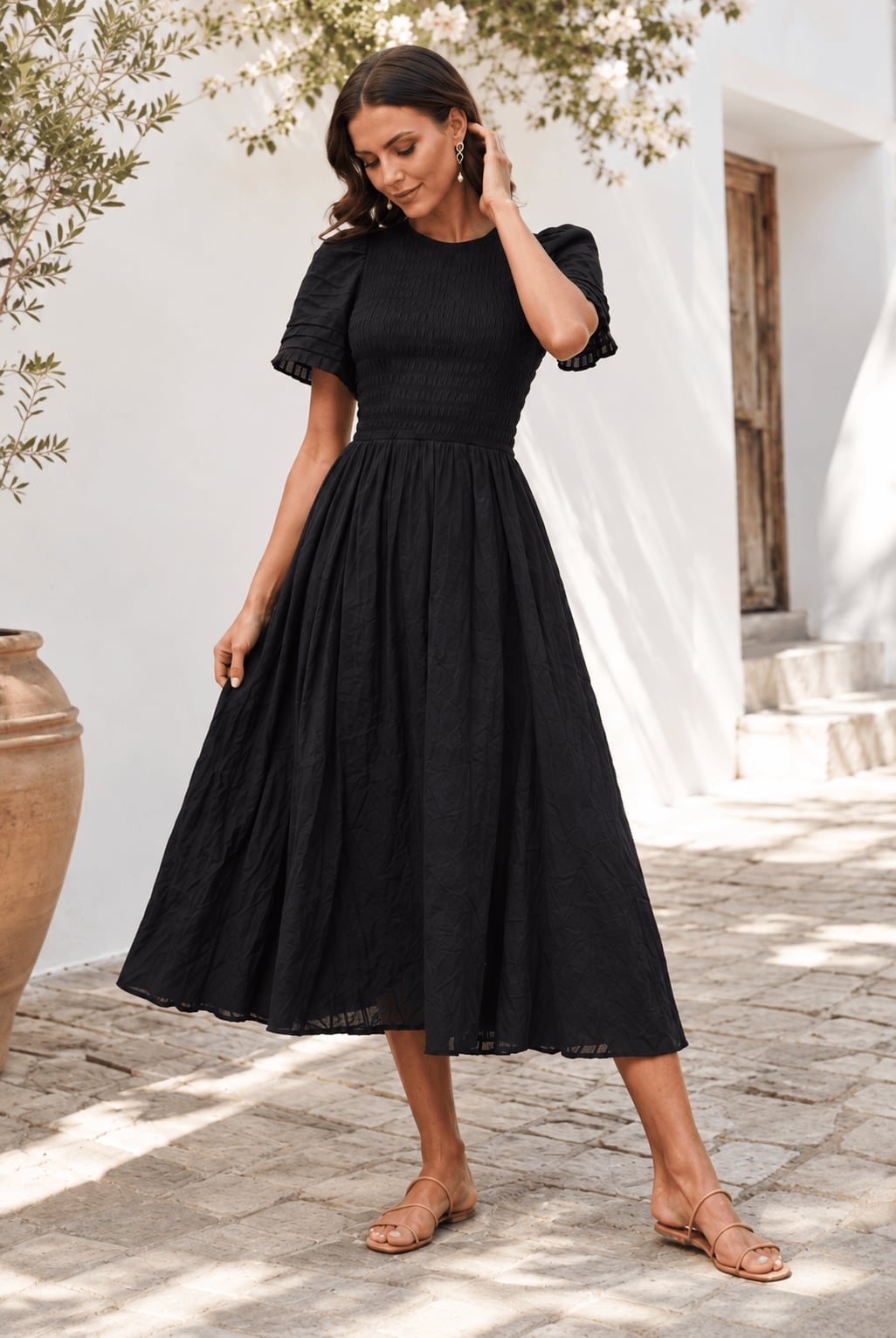 Black Smocked Midi Dress With Puff Sleeves Black Smocked Midi Dress With Puff Sleeves — Simple Dresses to Wear
