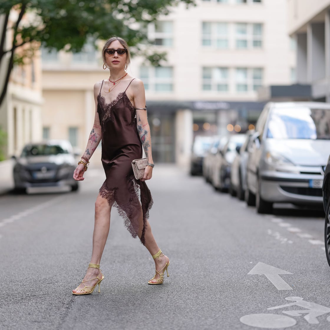 Brown Satin Slip Dress with Lace Trim — Simple Dressy Outfits