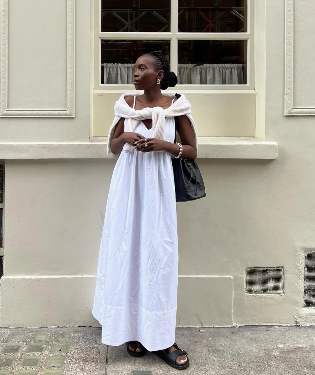 White Cotton Maxi Dress with Knotted Sweater — Simple Dressy Outfits