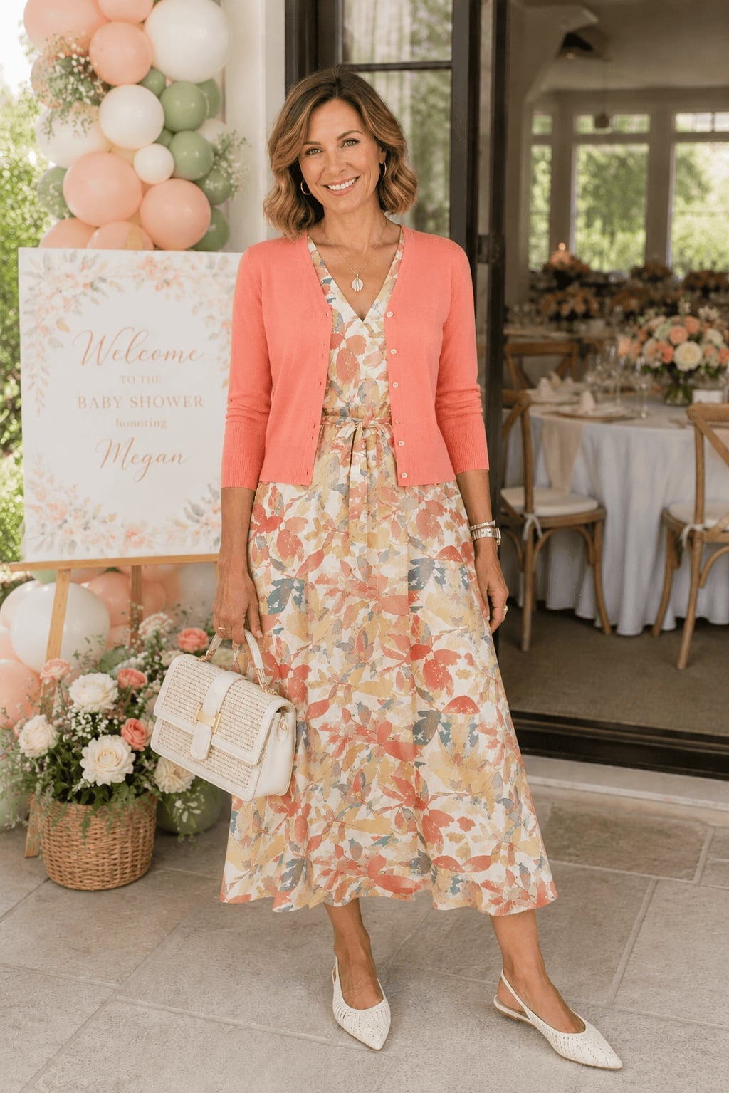 Floral Midi Dress with Coral Cardigan — Simple Dressy Outfits