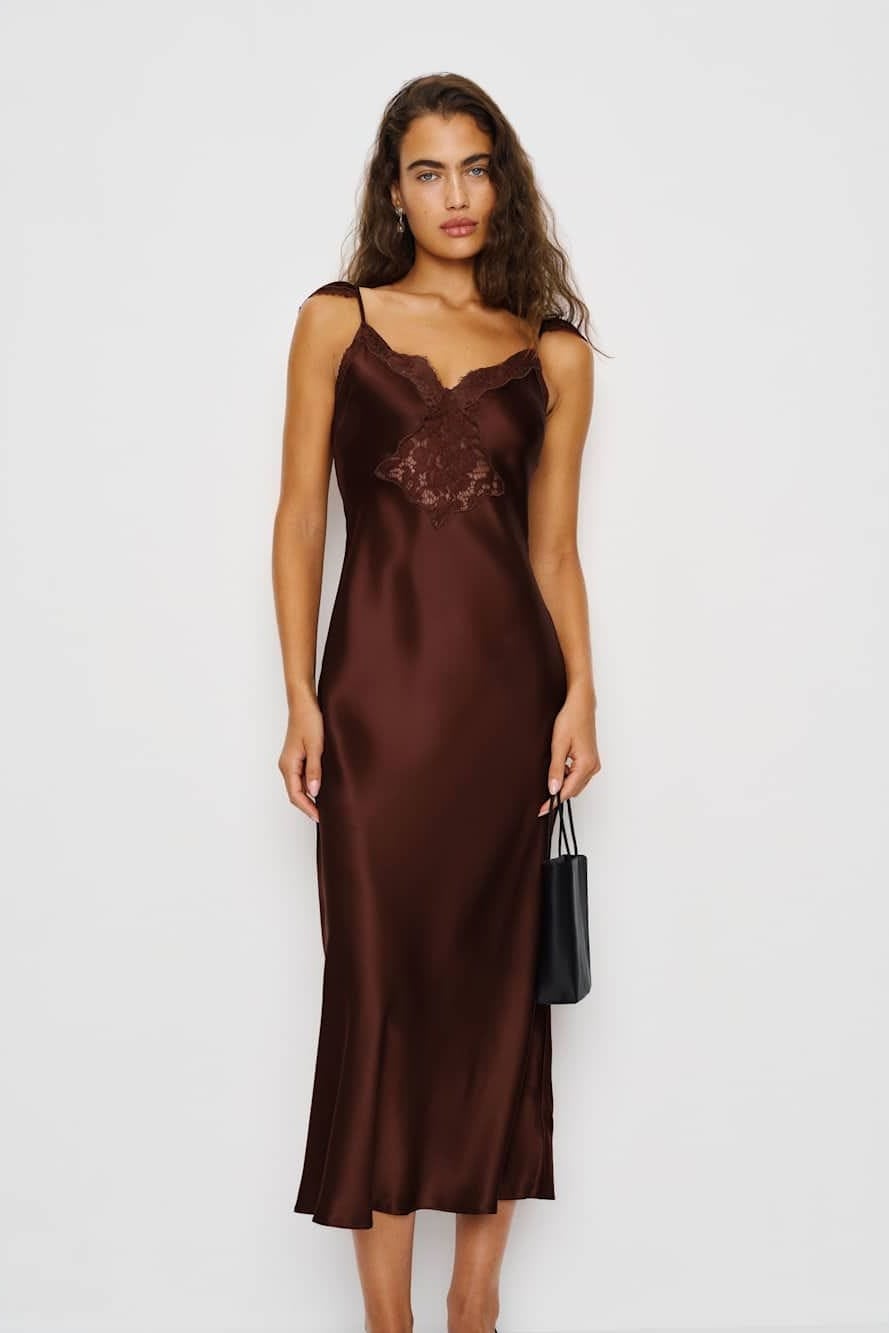 Brown Satin Slip Dress with Lace Neckline and Small Black Handbag — Simple Dressy Outfits