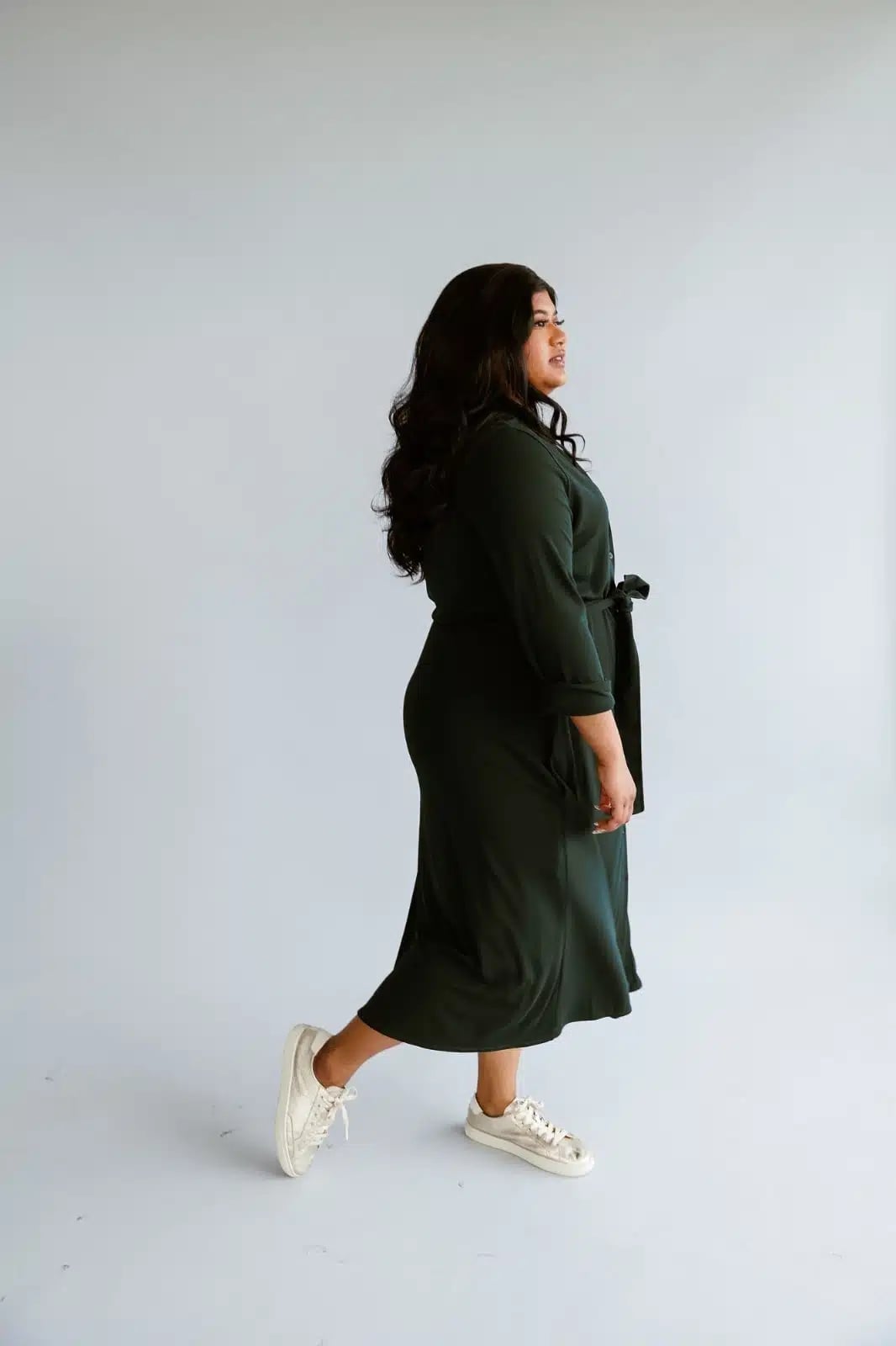 Dark Green Belted Jersey Knit Midi Dress — Simple Dressy Outfits