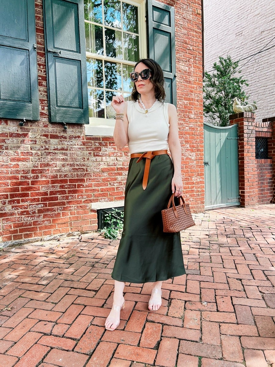 White Tank Top with Olive Slip Skirt — Simple Dressy Outfits