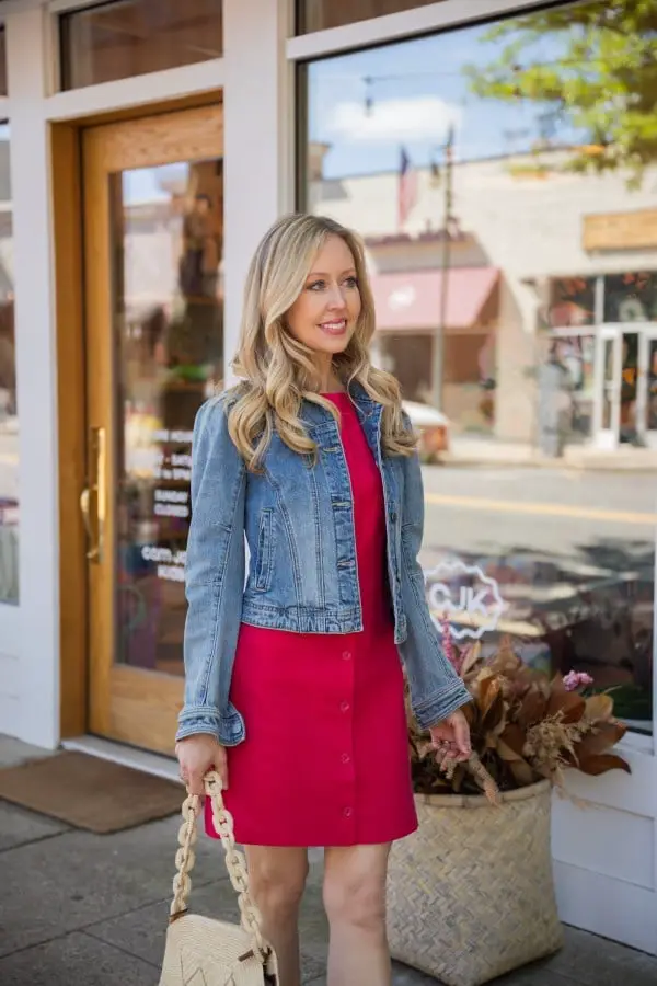 Bright Pink Button-Front Dress with Denim Jacket — Simple Dressy Outfits