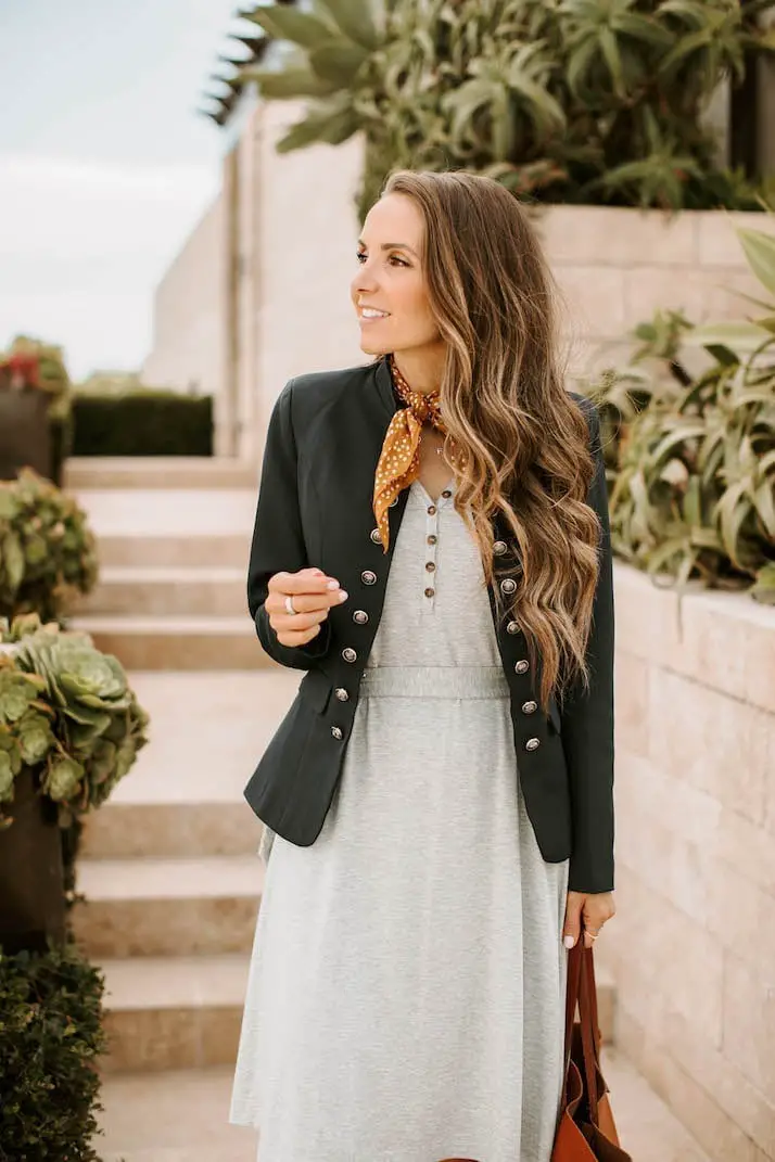Gray Button-Up Dress Under Military Blazer — Simple Dressy Outfits