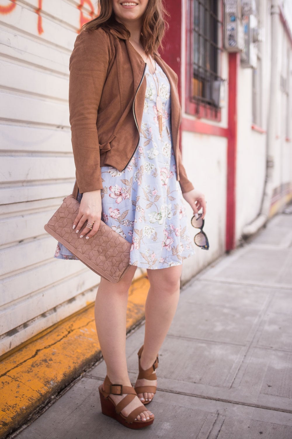 Floral Print Dress with Suede Jacket — Simple Dressy Outfits