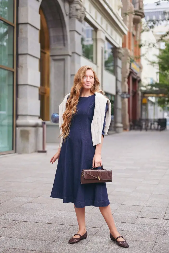 Denim A-line Midi Dress with Knit Cardigan — Simple Dressy Outfits