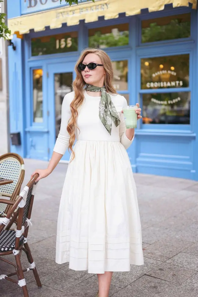 Simple White Dress with Green Scarf Accent — Simple Dressy Outfits