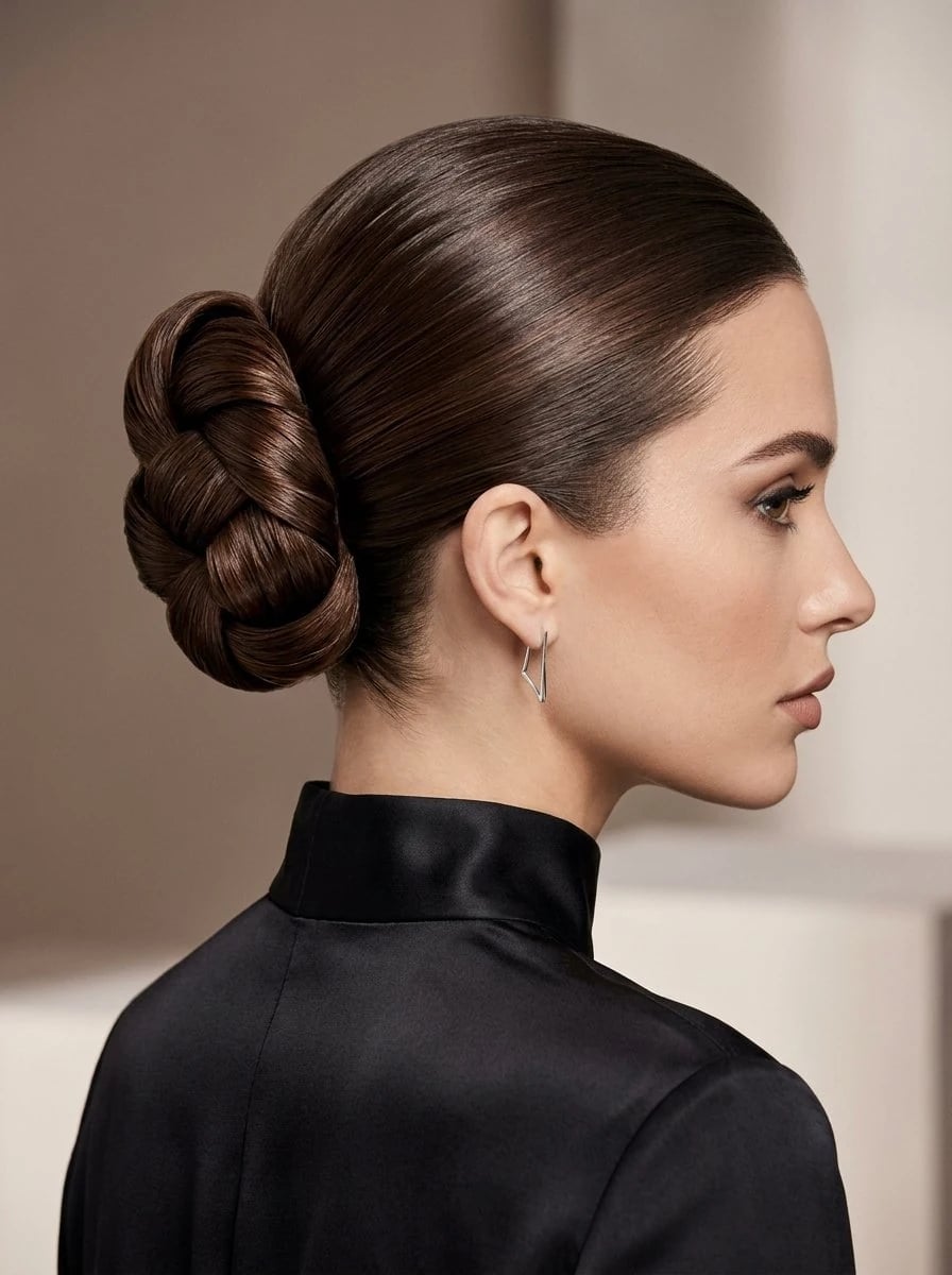 Sleek Braided Bun With Middle Part — Simple Edges Hairstyles
