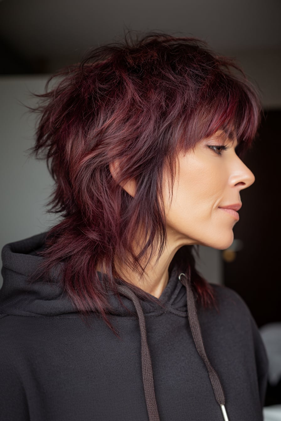 Dark Burgundy Collarbone Shag With Layers — Simple Edgy Haircuts
