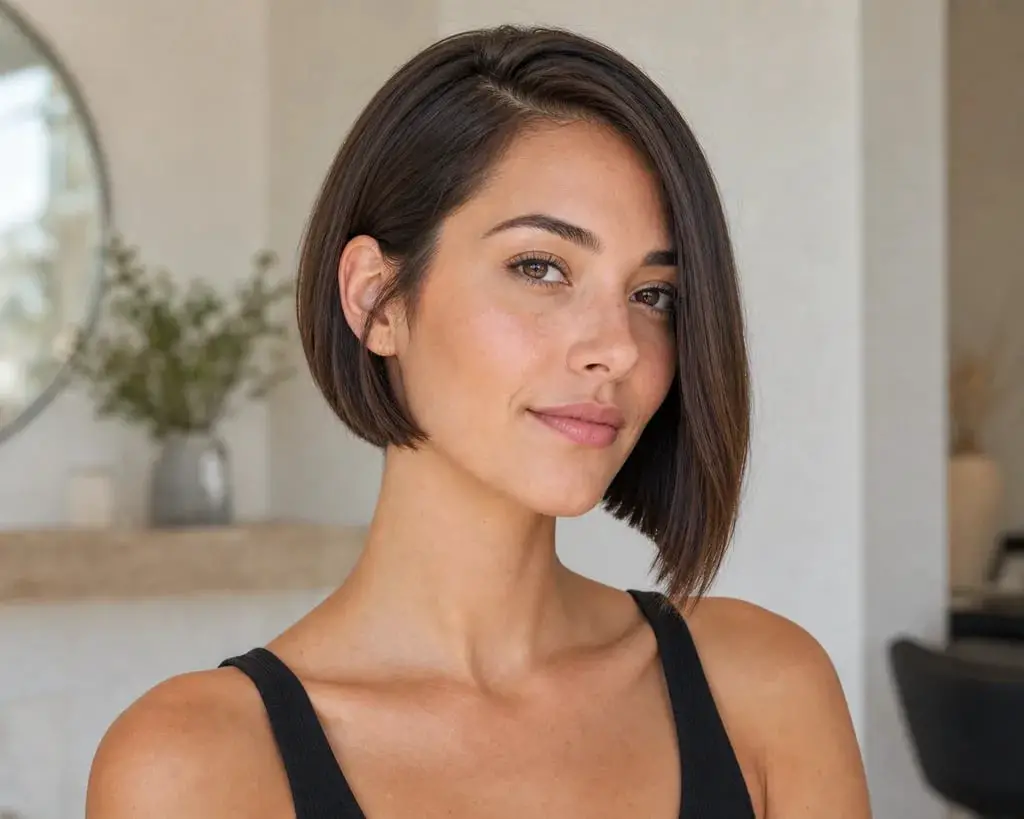 Sleek Dark Brown Chin Bob With Blunt Bangs — Simple Edgy Haircuts