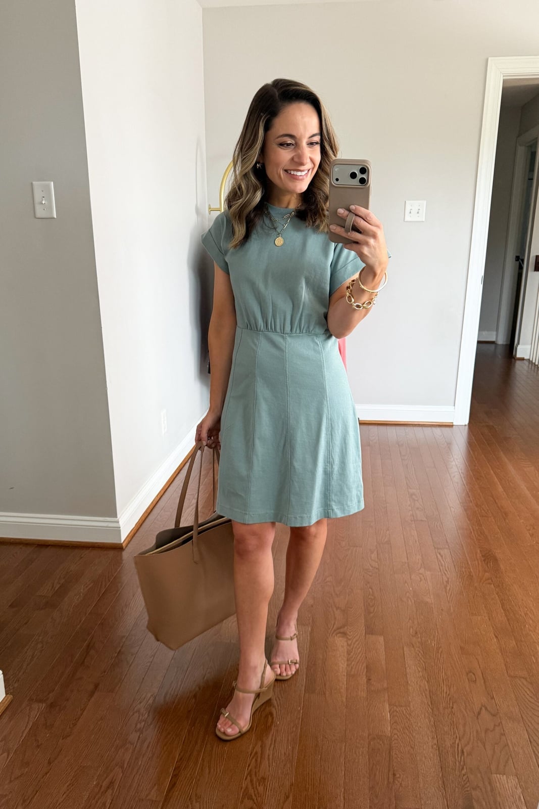 Muted Teal Short-Sleeve Dress with Tan Accessories Muted Teal Short-Sleeve Dress with Tan Accessories — Simple Everyday Outfits