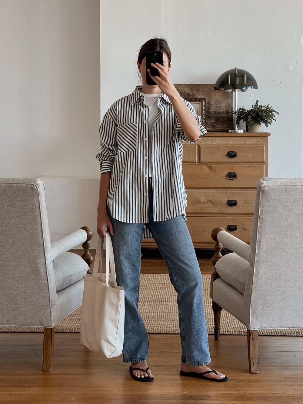 Striped Button-Down Shirt Over White T-Shirt and Jeans Striped Button-Down Shirt Over White T-Shirt and Jeans — Simple Everyday Outfits