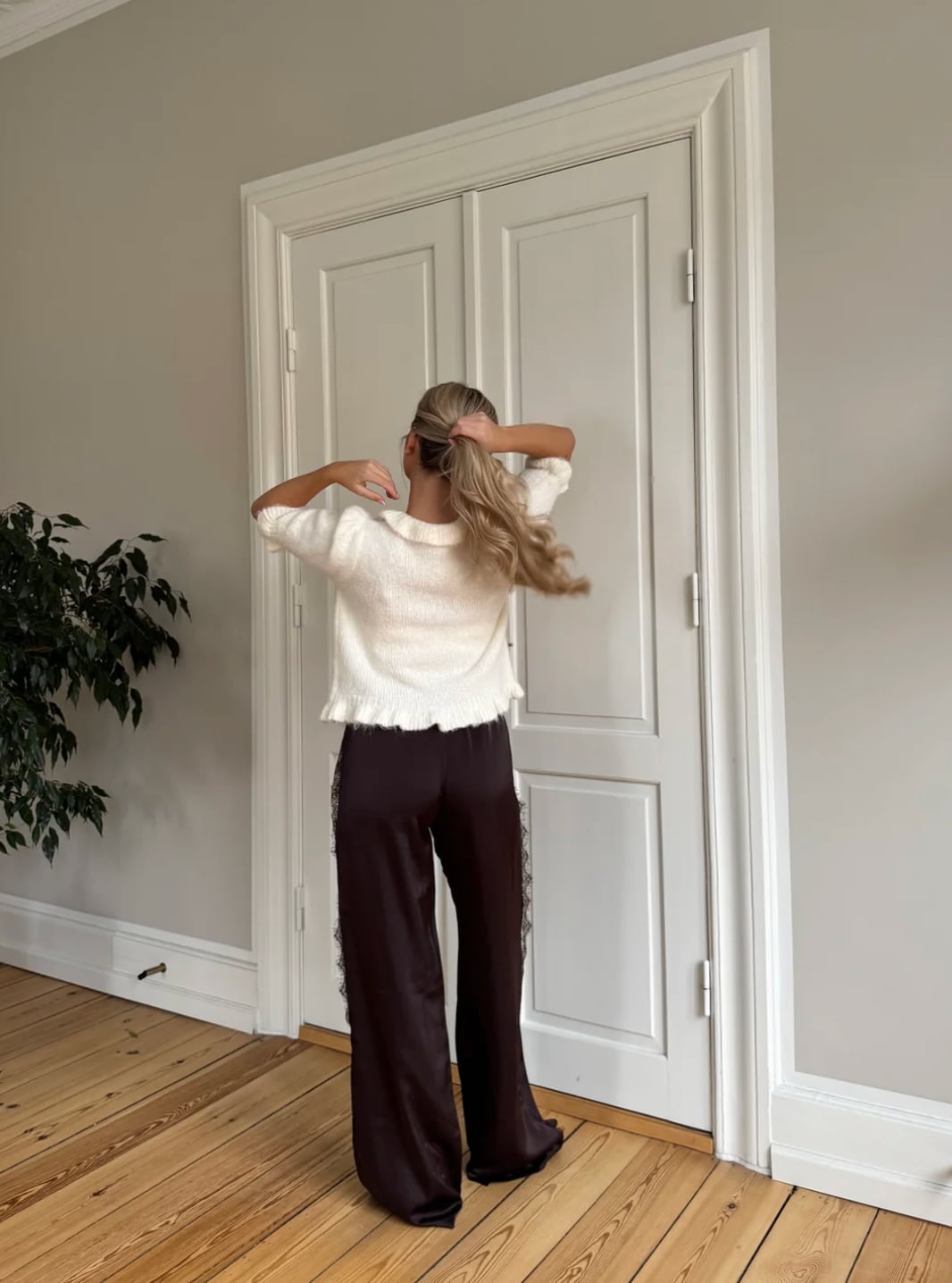 Dark Brown Satin Pants with Textured Knit Top Dark Brown Satin Pants with Textured Knit Top — Simple Everyday Outfits