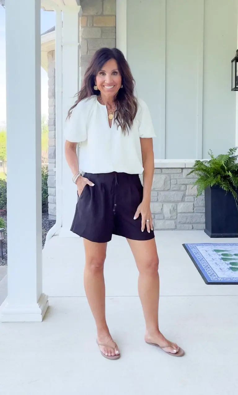 White Blouse with Black Drawstring Shorts and Clear Flip-Flops White Blouse with Black Drawstring Shorts and Clear Flip-Flops — Simple Everyday Outfits