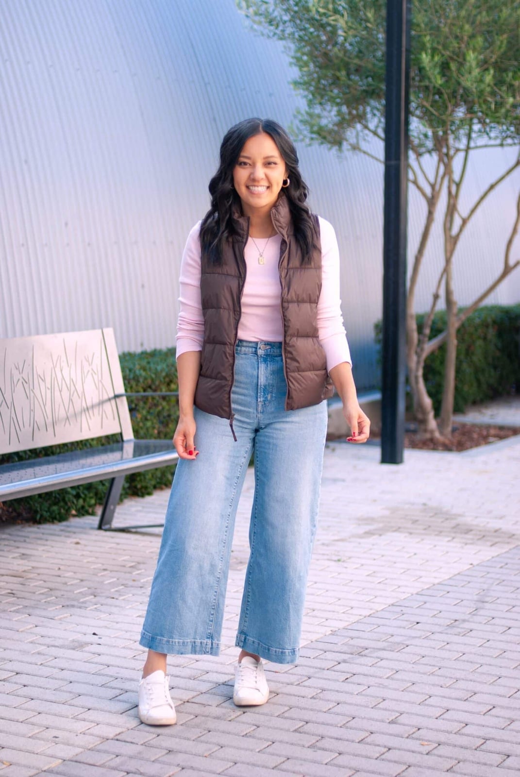Brown Puffer Vest Over Pink Long-Sleeve Top Brown Puffer Vest Over Pink Long-Sleeve Top — Simple Everyday Outfits