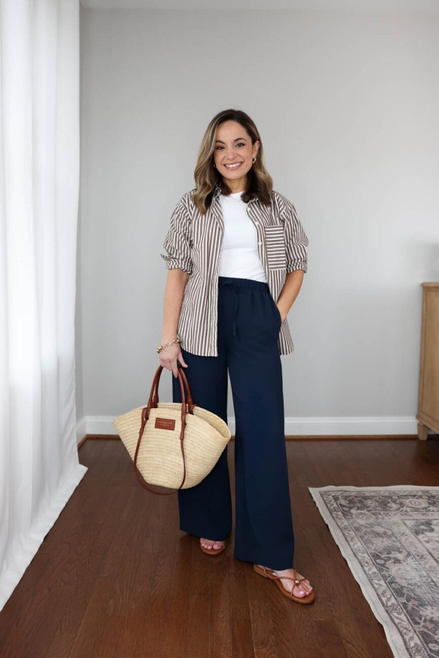 Striped Button-Up Shirt with Navy Wide-Leg Pants Striped Button-Up Shirt with Navy Wide-Leg Pants — Simple Everyday Outfits