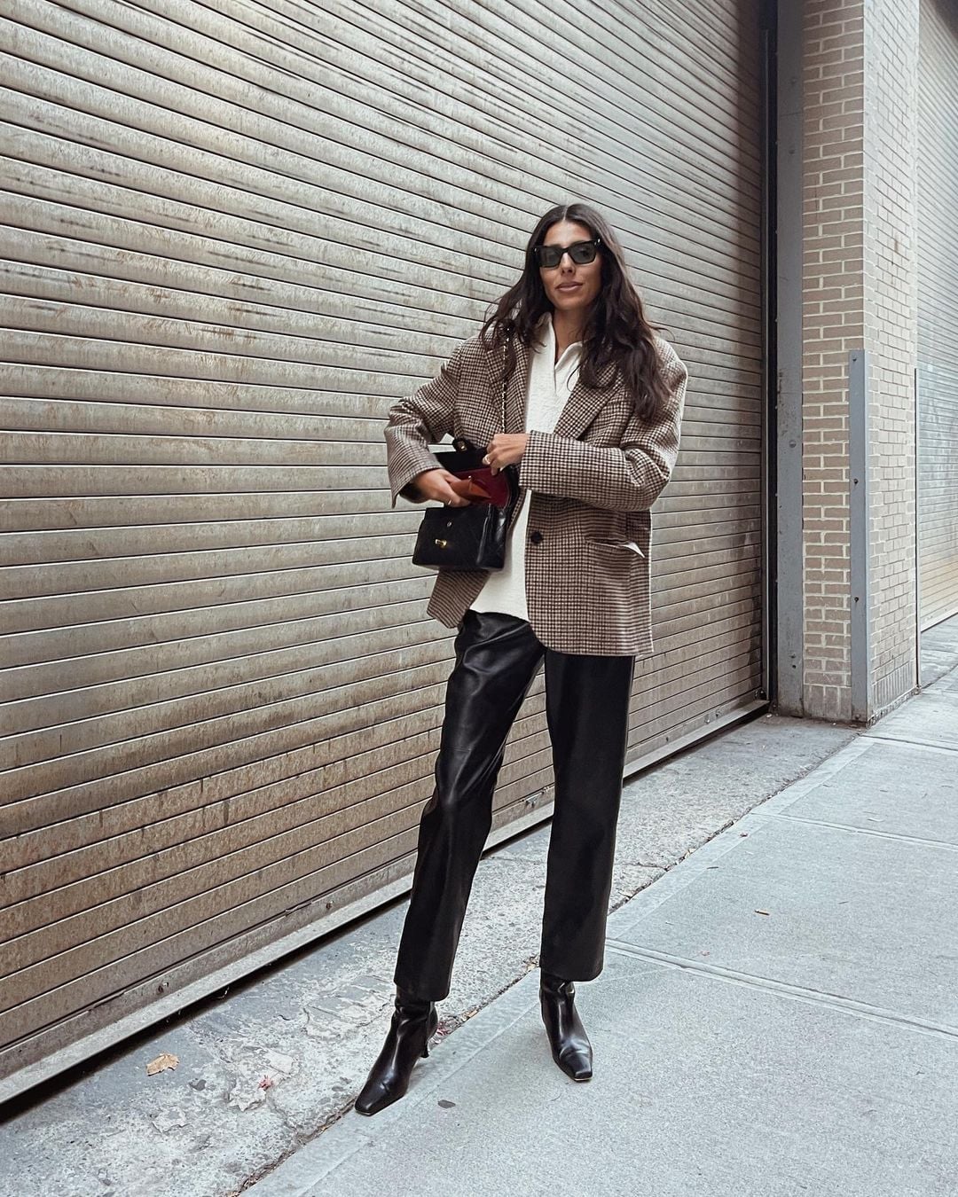 Houndstooth Blazer Over White Shirt and Leather Pants Houndstooth Blazer Over White Shirt and Leather Pants — Simple Everyday Outfits