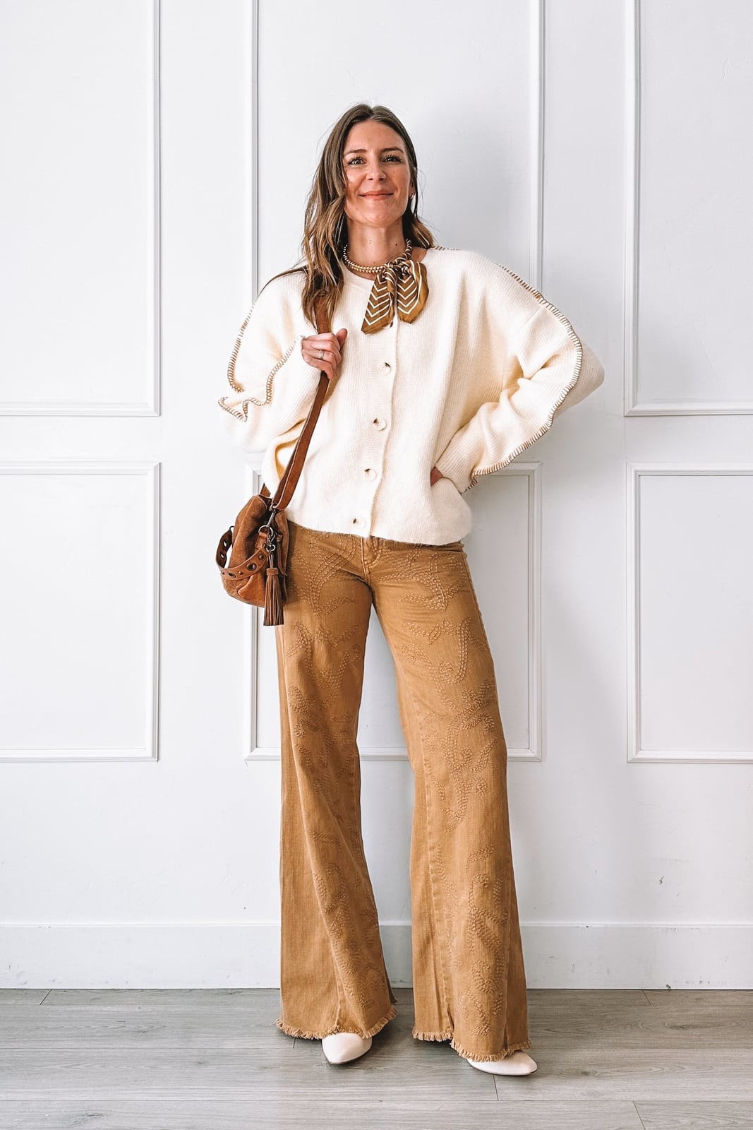 Embroidered Corduroy Trousers with Knit Cardigan Embroidered Corduroy Trousers with Knit Cardigan — Simple Everyday Outfits