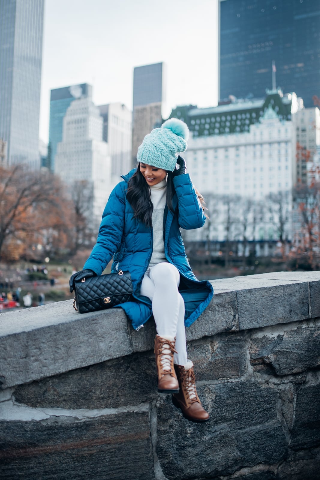 Bright Blue Puffer Coat with White Pants Bright Blue Puffer Coat with White Pants — Simple Everyday Outfits