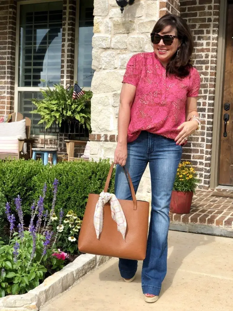 Pink Lace Top with Blue Flare-Leg Jeans Pink Lace Top with Blue Flare-Leg Jeans — Simple Everyday Outfits