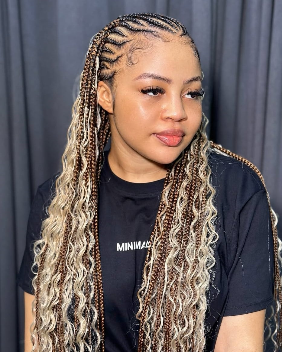 Mid-Back Box Braids With Curly Ends Mid-Back Box Braids With Curly Ends — Simple Feed in Braids