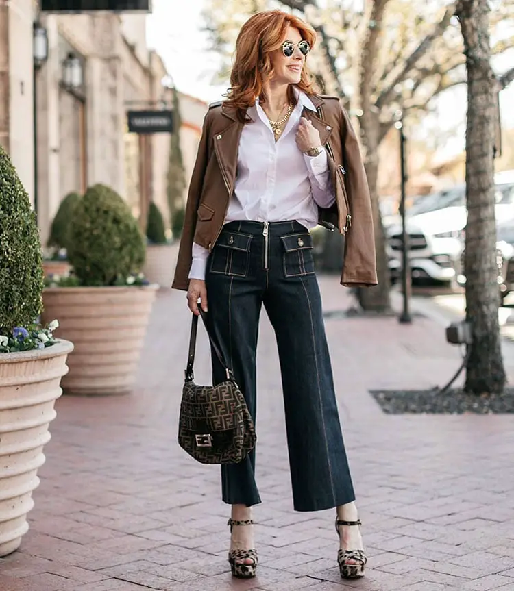 Wide-Leg Jeans With Draped Leather Jacket — Simple First Date Outfits