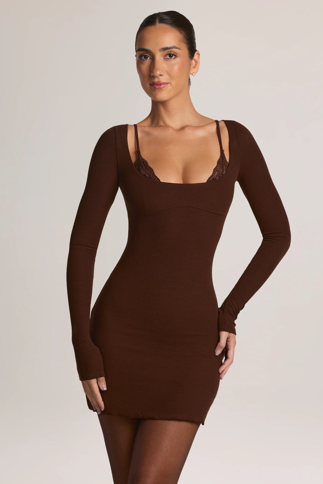 Brown Ribbed Knit Mini Dress With Bralette — Simple First Date Outfits