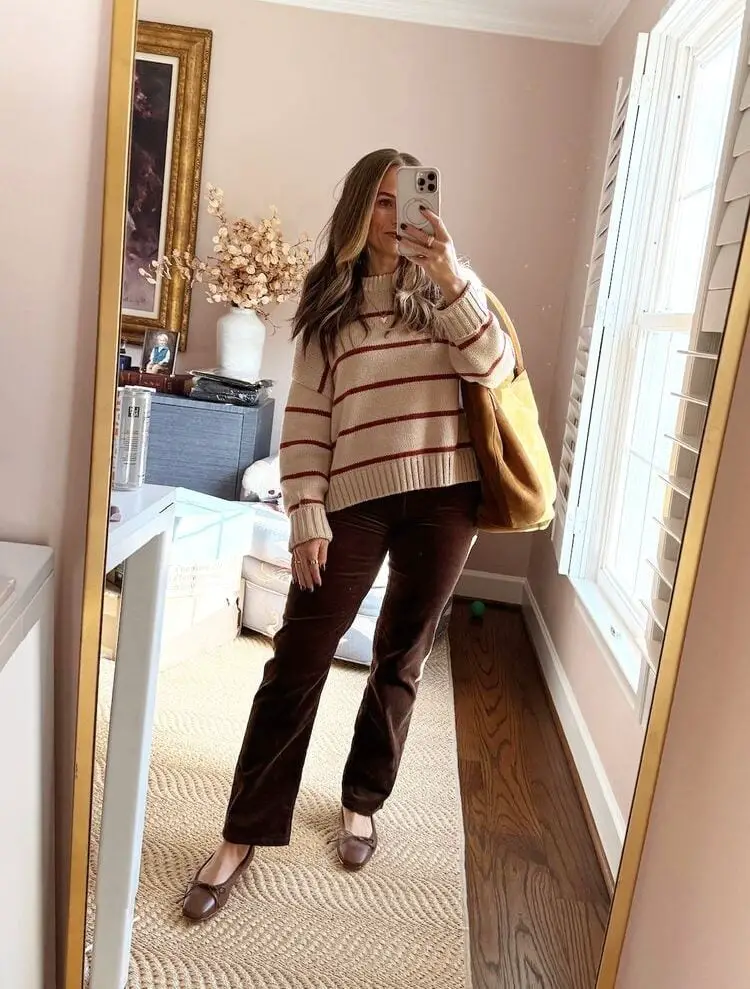 Striped Sweater With Corduroy Pants — Simple First Date Outfits