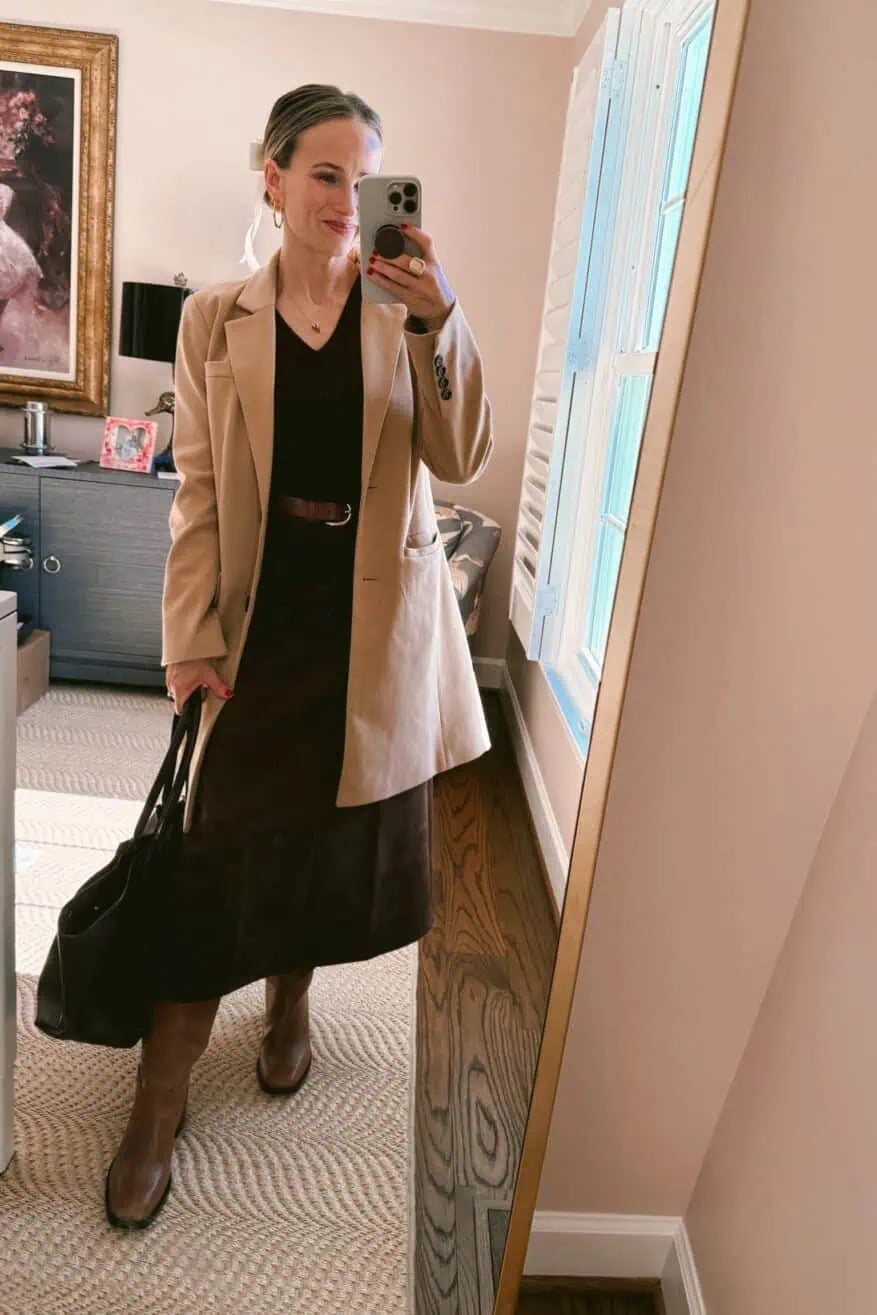 Beige Blazer Over Black Dress — Simple First Date Outfits