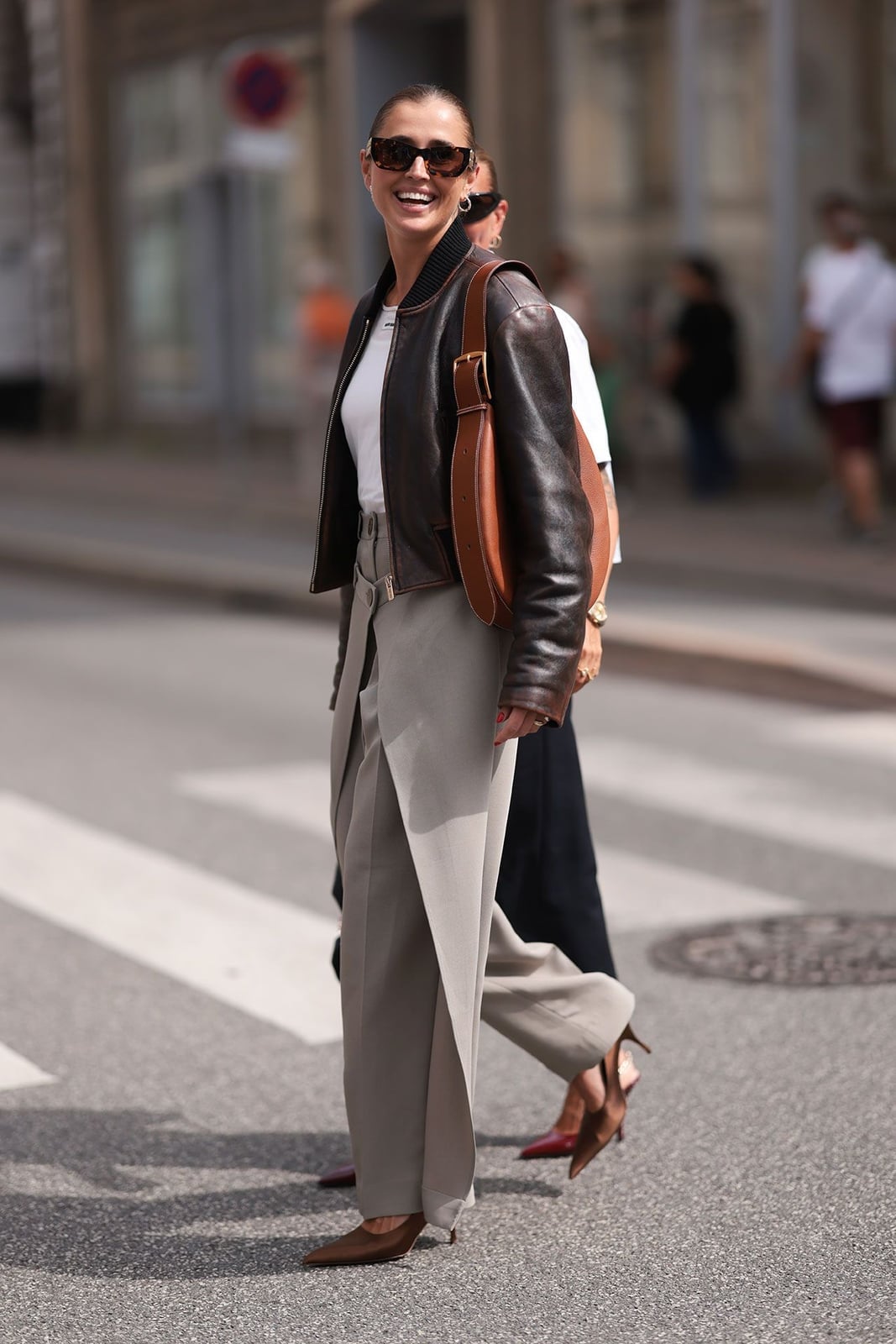 Leather Bomber Jacket Over Gray Trousers — Simple First Date Outfits