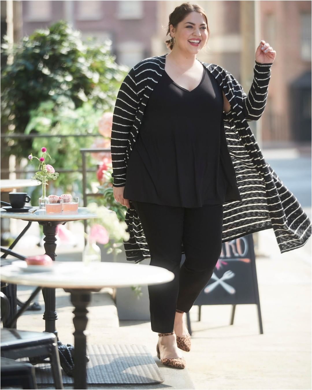 Striped Cardigan With Black Leggings — Simple First Date Outfits