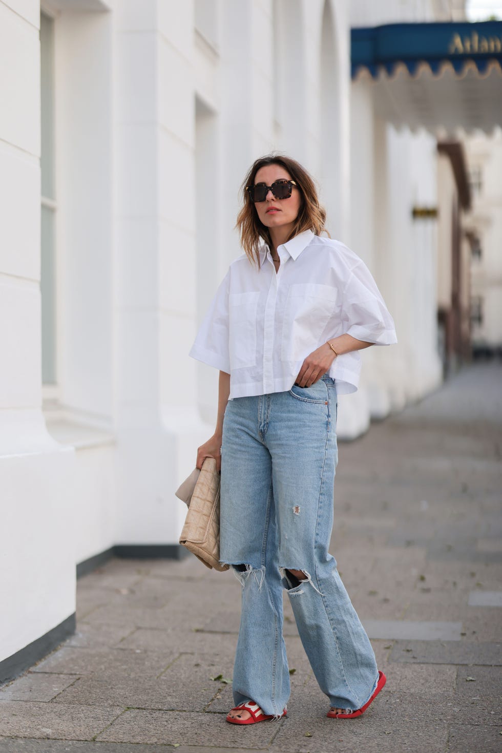 Ripped Wide-Leg Jeans With Oversized Shirt — Simple First Date Outfits
