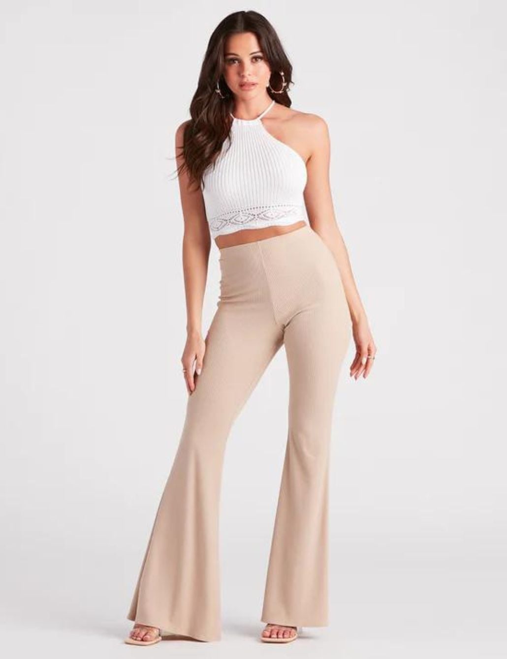 Beige Flare Leggings with Lace Trim Halter Top Beige Flare Leggings with Lace Trim Halter Top — Simple Flare Leggings Outfits