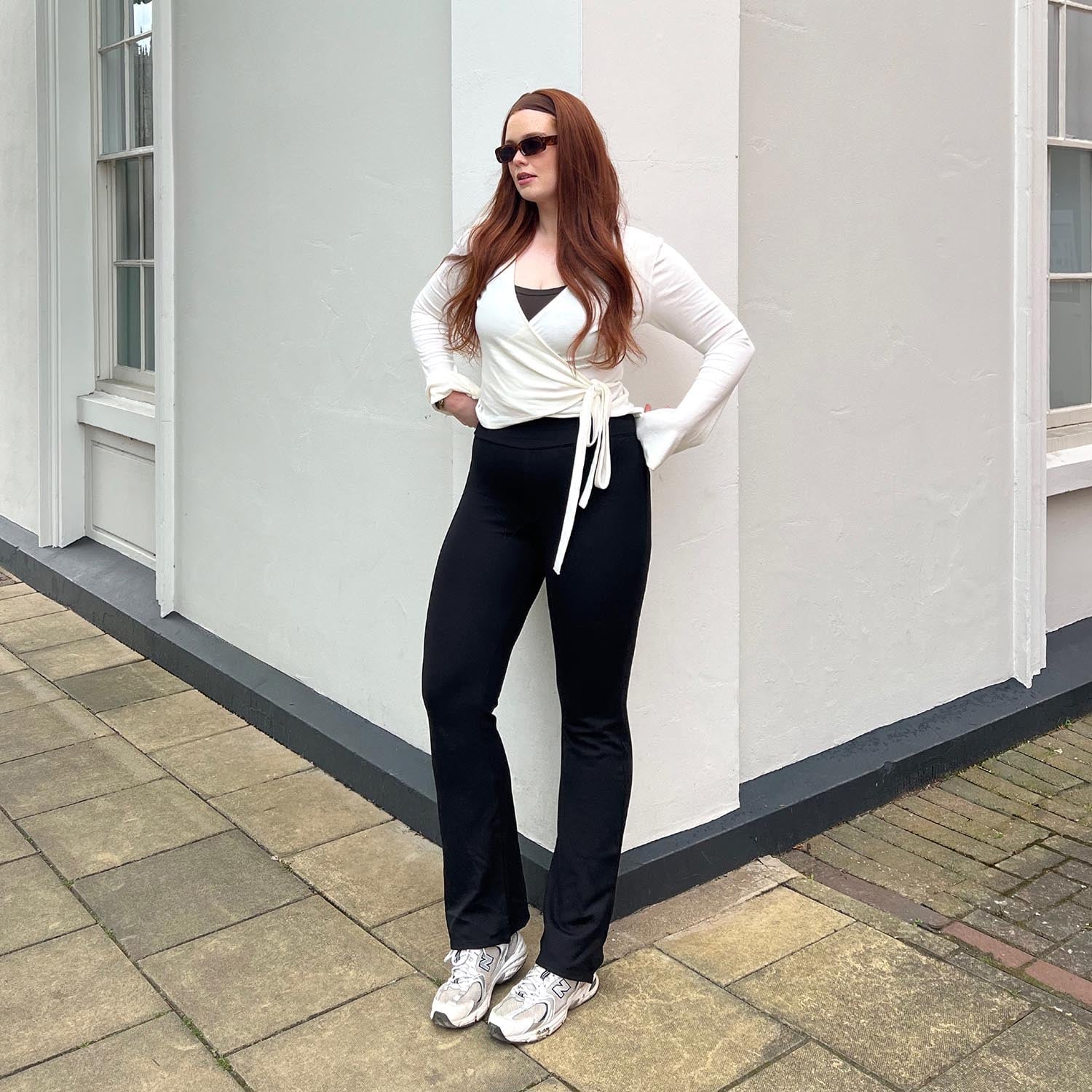 Black Flare Leggings with White Wrap Top and Wide Leg Black Flare Leggings with White Wrap Top and Wide Leg — Simple Flare Leggings Outfits