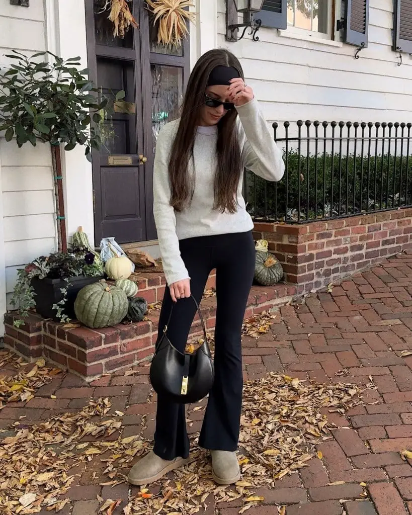 Black Flare Leggings with Gray Sweatshirt and Mules Black Flare Leggings with Gray Sweatshirt and Mules — Simple Flare Leggings Outfits