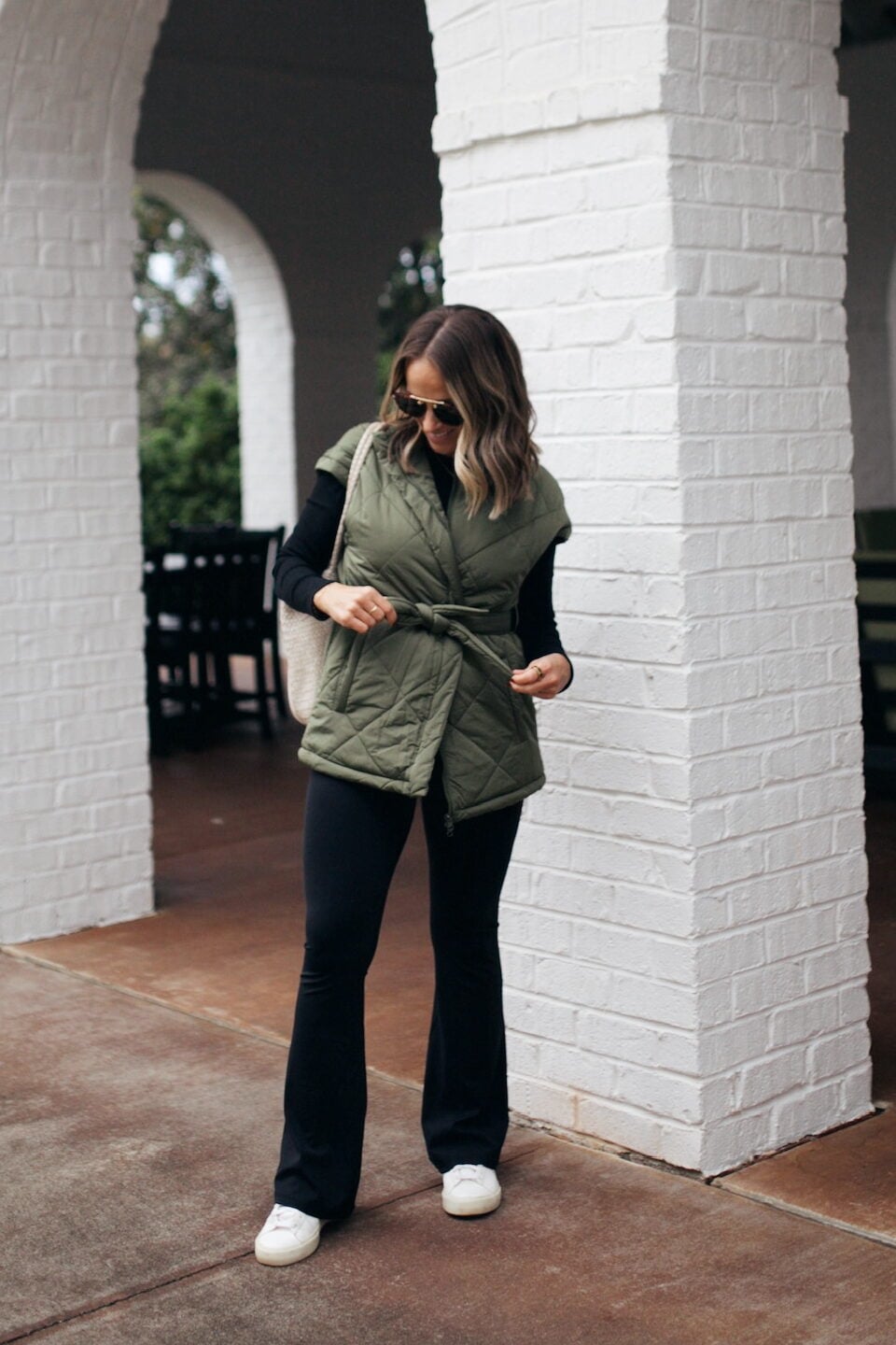 Olive Green Vest and Black Flare Leggings Olive Green Vest and Black Flare Leggings — Simple Flare Leggings Outfits