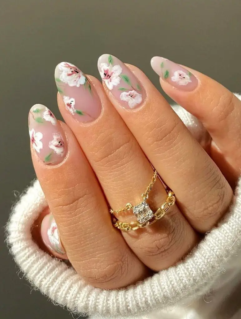 Painterly Floral Medium Almond Nails — Simple Floral Nails