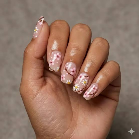 Sakura Branch Medium Square Nails — Simple Floral Nails
