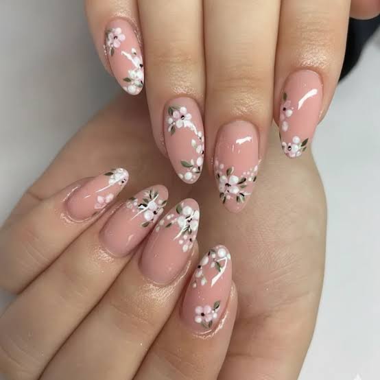 Delicate White Flowers Medium Almond Nails — Simple Floral Nails