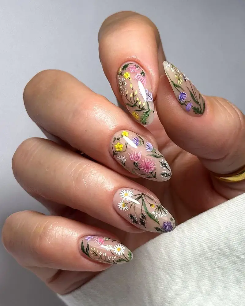 Intricate Multi-colored Floral Medium Almond Nails — Simple Floral Nails